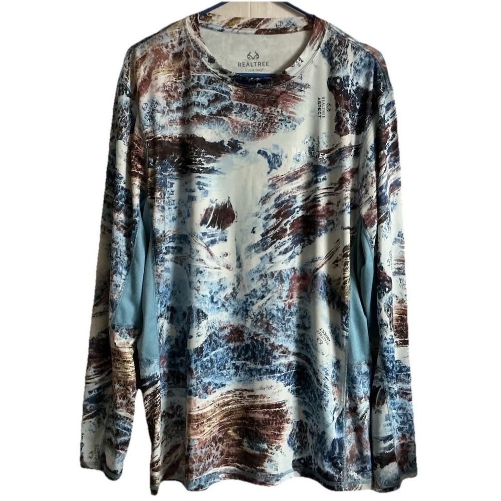 RealTree Fishing Shirt Large Blue Brwn Aspect Long Sleeve Wicking Outdoor Nature